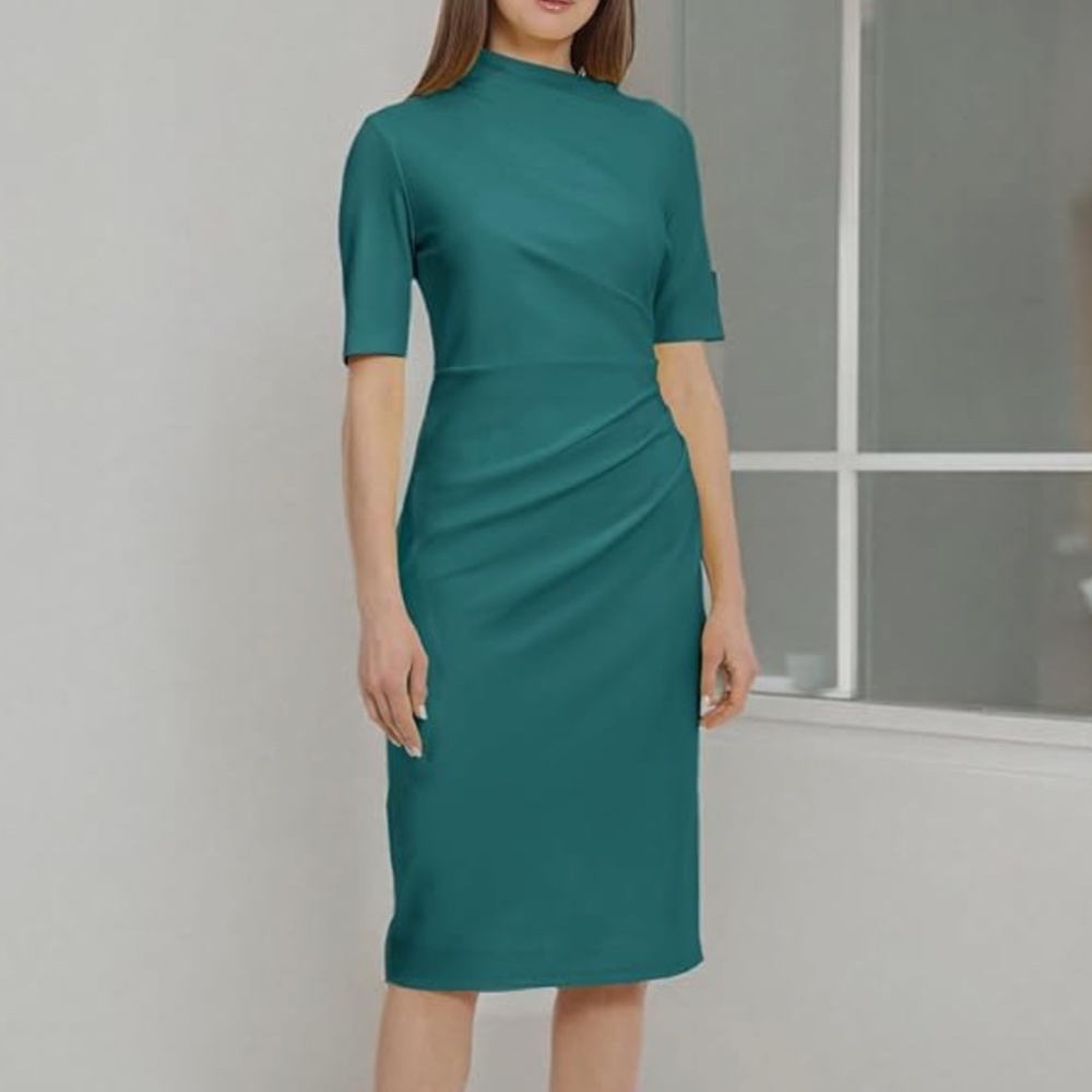 Maggy London Erin Draped Midi Sheath Dress Size 8 Teal Green NWT
